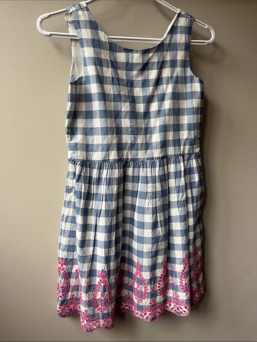 Blue & White Gingham Girls' Dress with Pink Embroidery
